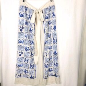 Blue White Sea Life Sarong Wrap Skirt Cotton Silk Blend Coastal Resort Nautical